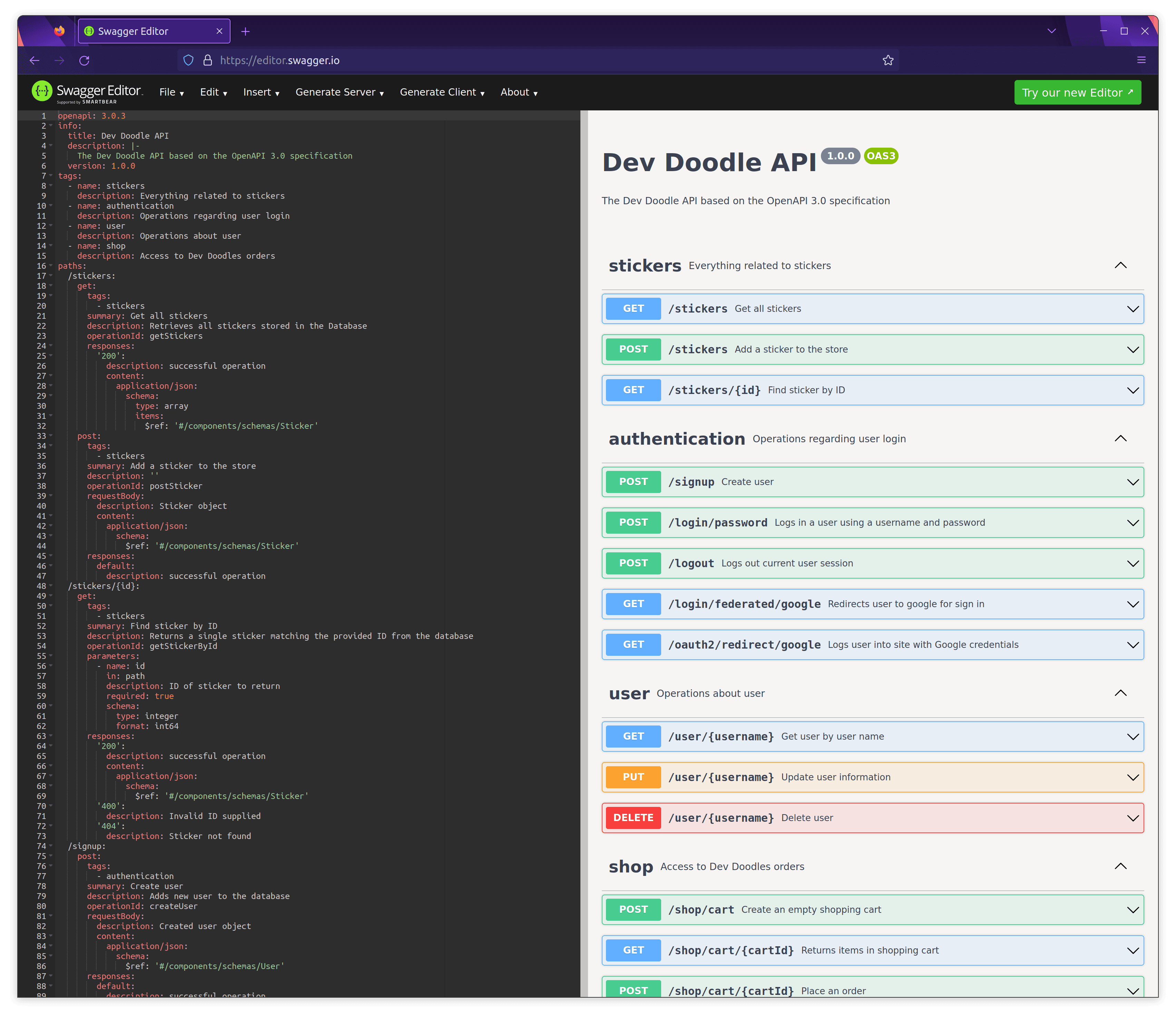 Screenshot of the Swagger API Editor showing the Dev Doodles API specification